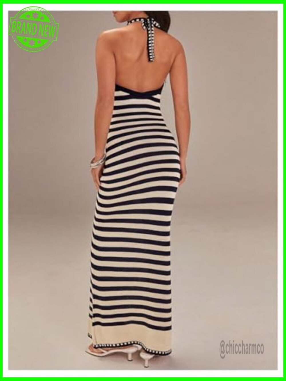 Striped Halter Knitted Maxi Bodycon Dress Sleeveless Summer - Picture 3 of 5